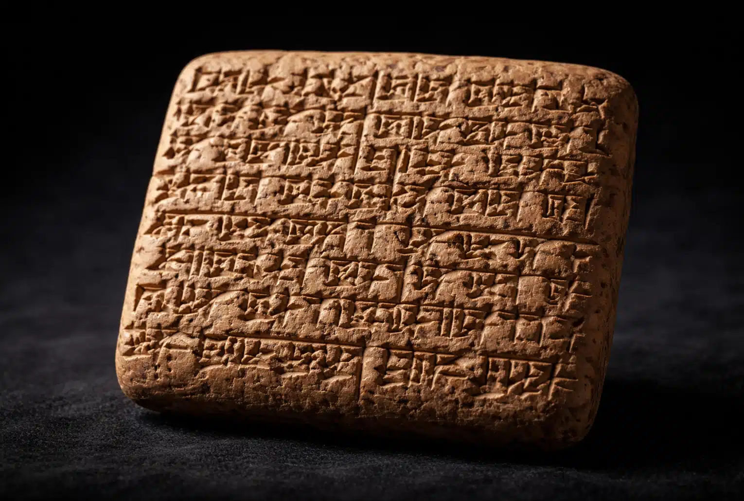 Tablette cunéiforme en argile photographiée en gros plan sur fond noir.