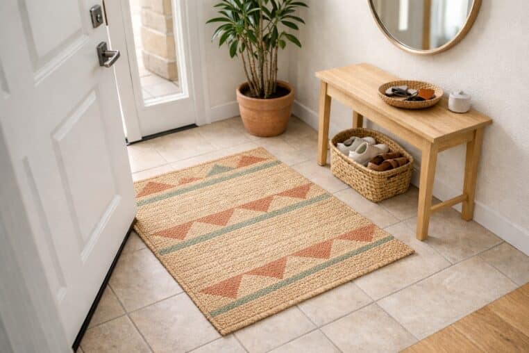 Entrée lumineuse avec tapis d’entrée en fibres naturelles, console en bois clair, miroir rond et plante en pot.