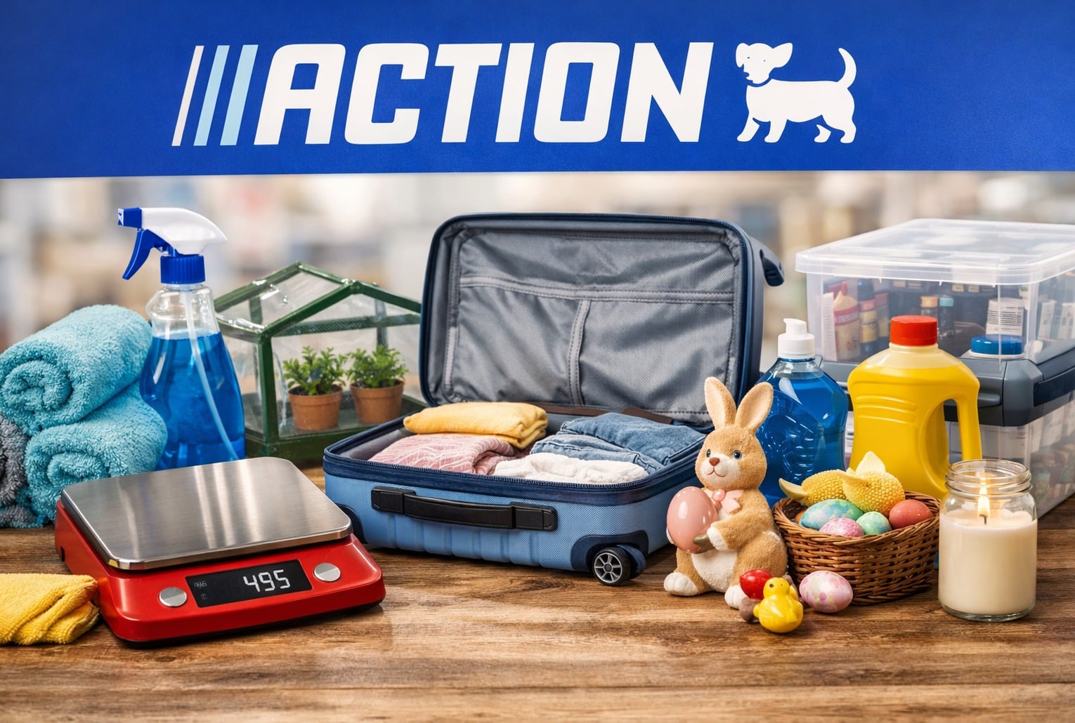 Logo Action en haut de l’image avec une sélection de produits mis en avant pour la Semaine d’Action (balance de cuisine, serviettes, produits ménagers, déco de Pâques, rangement).