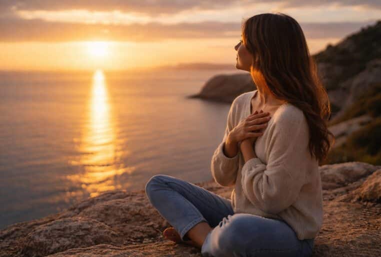Amour de soi : une femme assise face à la mer au coucher du soleil, main sur le cœur