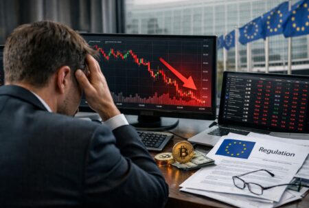Chute du bitcoin : un trader inquiet devant un graphique en baisse, sur fond de drapeaux de l’Union européenne.