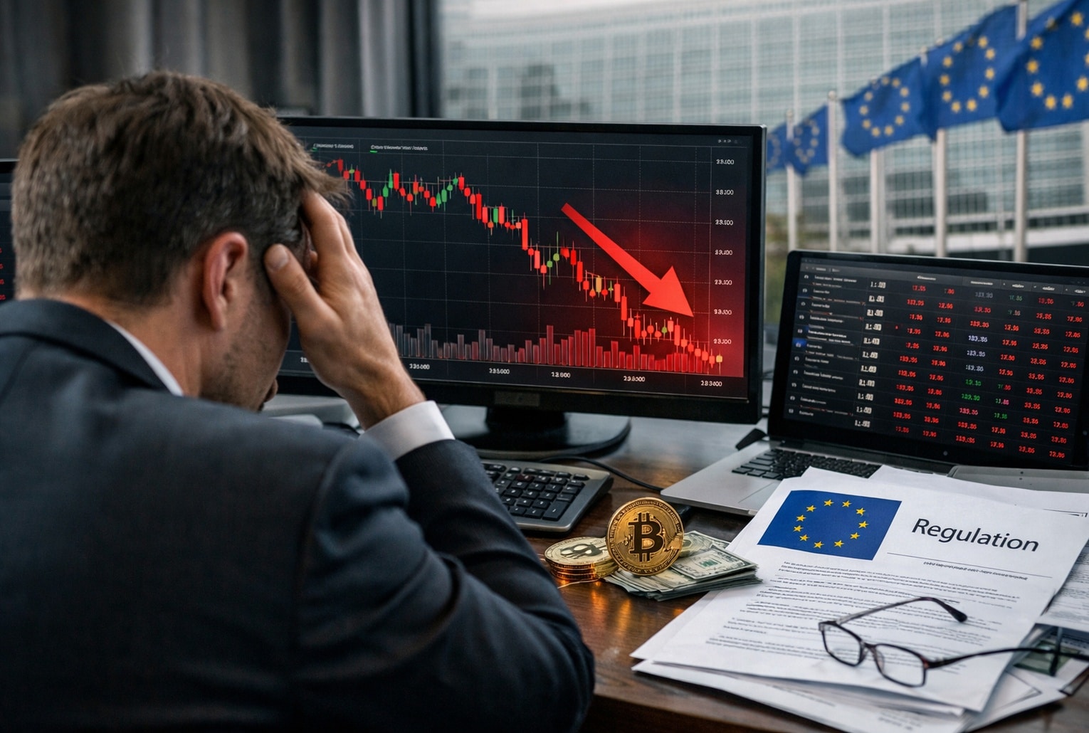 Chute du bitcoin : un trader inquiet devant un graphique en baisse, sur fond de drapeaux de l’Union européenne.