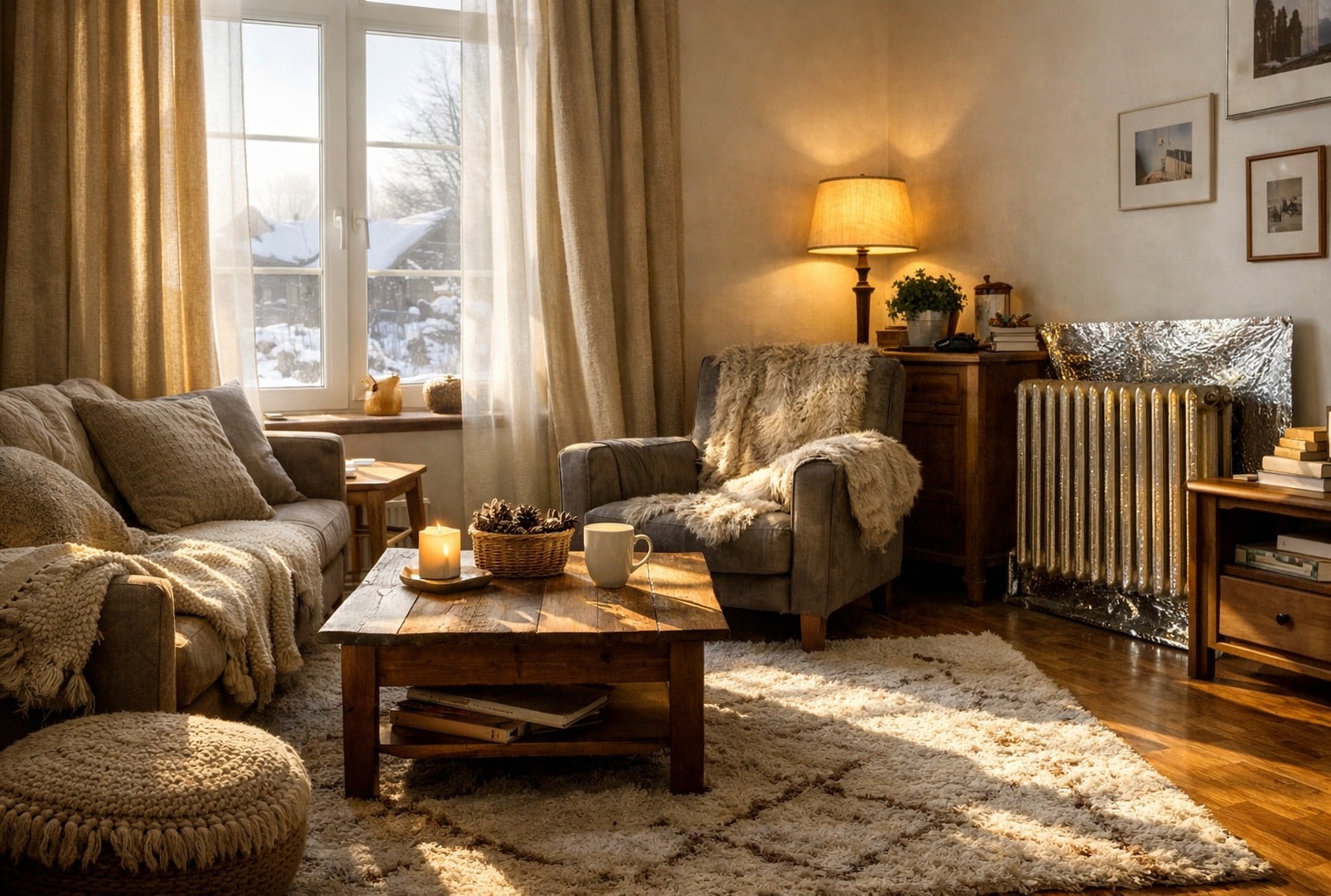Réduire le chauffage : salon cocon avec rideaux épais, tapis et lumière d’hiver