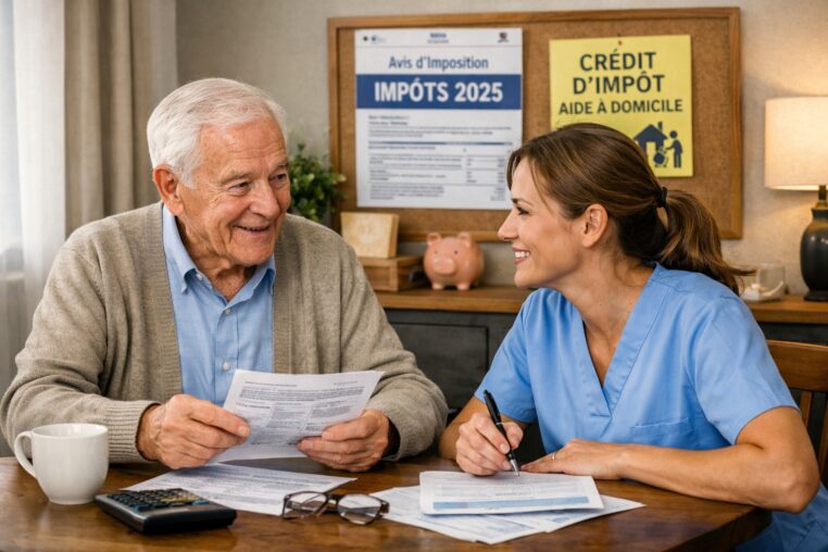 Senior avec une aide à domicile qui relisent des documents, illustration du crédit d’impôt aide à domicile.