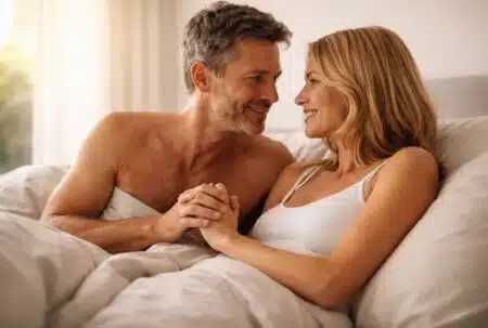 Couple adulte se souriant au lit au réveil, illustration non explicite liée à la santé masculine et au cancer de la prostate.