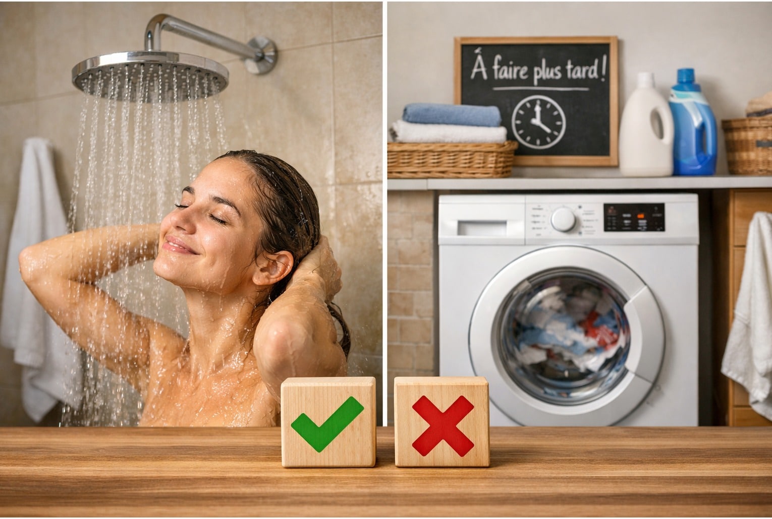Facture d’électricité : éviter de prendre une douche pendant que la machine à laver tourne.
