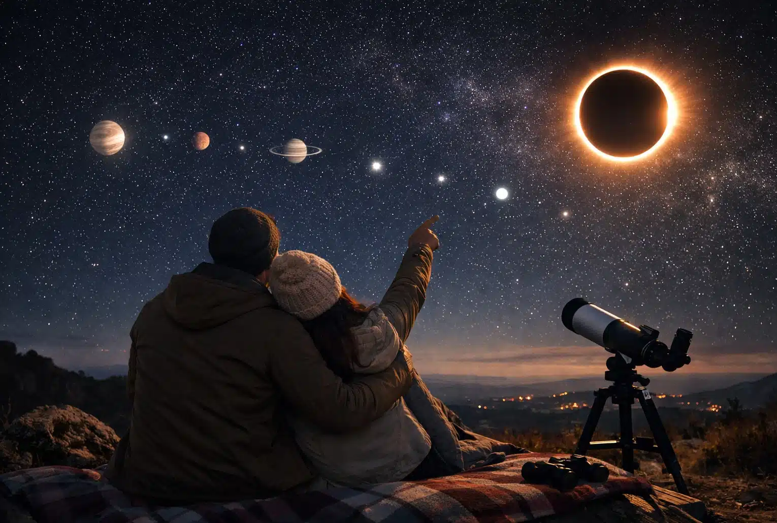 Un couple observe le ciel nocturne en février, avec une parade de planètes et une éclipse annulaire photoréalistes.