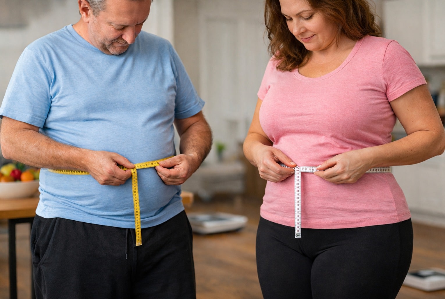 Un homme et une femme mesurent leur tour de taille avec un mètre ruban dans une cuisine, indicateur du risque de maladie du foie gras.
