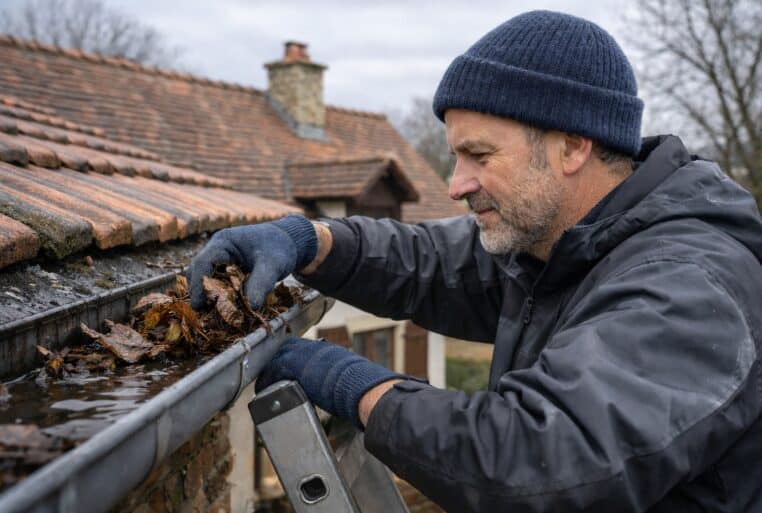 Entretien des gouttières avant le 1er mars : un homme enlève des feuilles d’une gouttière sur un toit en tuiles, en fin d’hiver.