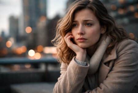Ignorer ses émotions : une femme pensive observe la ville au crépuscule, symbole de prise de recul avant de décider.
