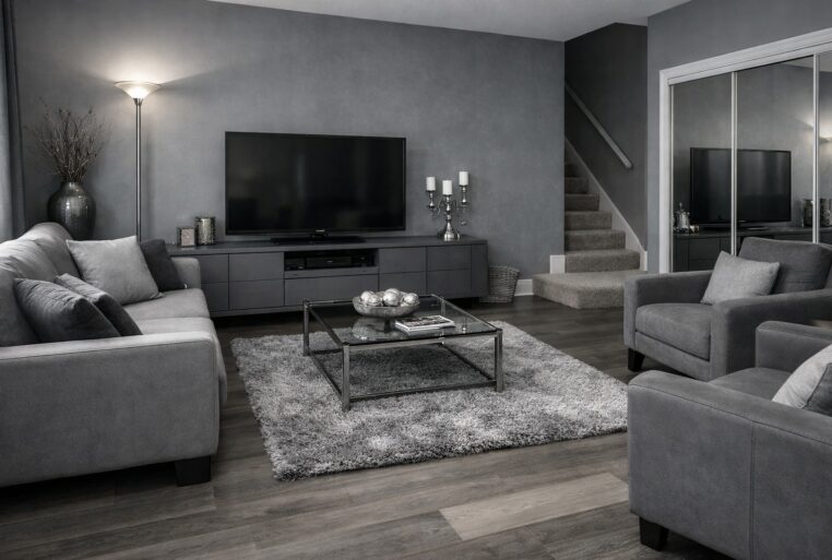 Intérieur ringard : salon tout gris avec tapis trop petit et éclairage halogène dans un coin