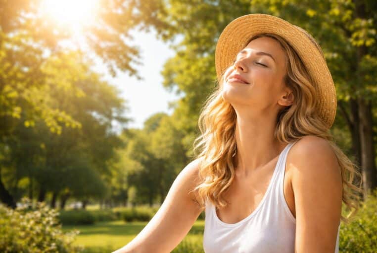 Manque de soleil : une femme profite d’une lumière douce au parc, visage tourné vers le soleil.