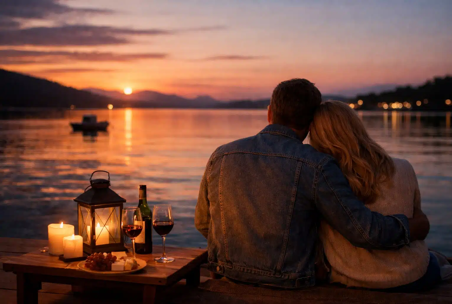 Un couple assis sur un ponton au coucher du soleil, face à un lac calme, partage un moment intime pour se reconnecter.