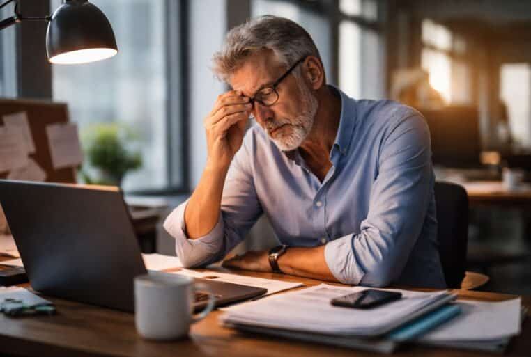Mode de vie sédentaire : un homme fatigué assis à son bureau devant un ordinateur portable