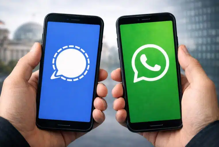 Deux smartphones affichant les logos Signal et WhatsApp, côte à côte