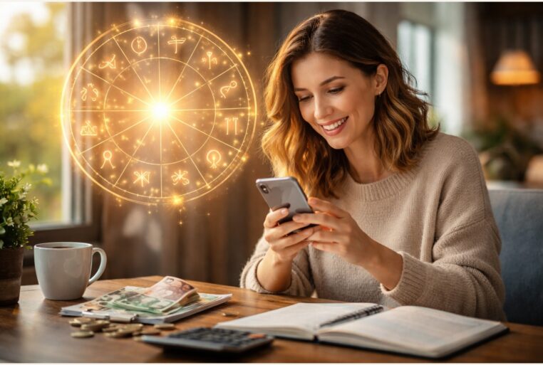 Femme souriante consultant son téléphone, avec une roue du zodiaque en arrière-plan et quelques billets sur la table.