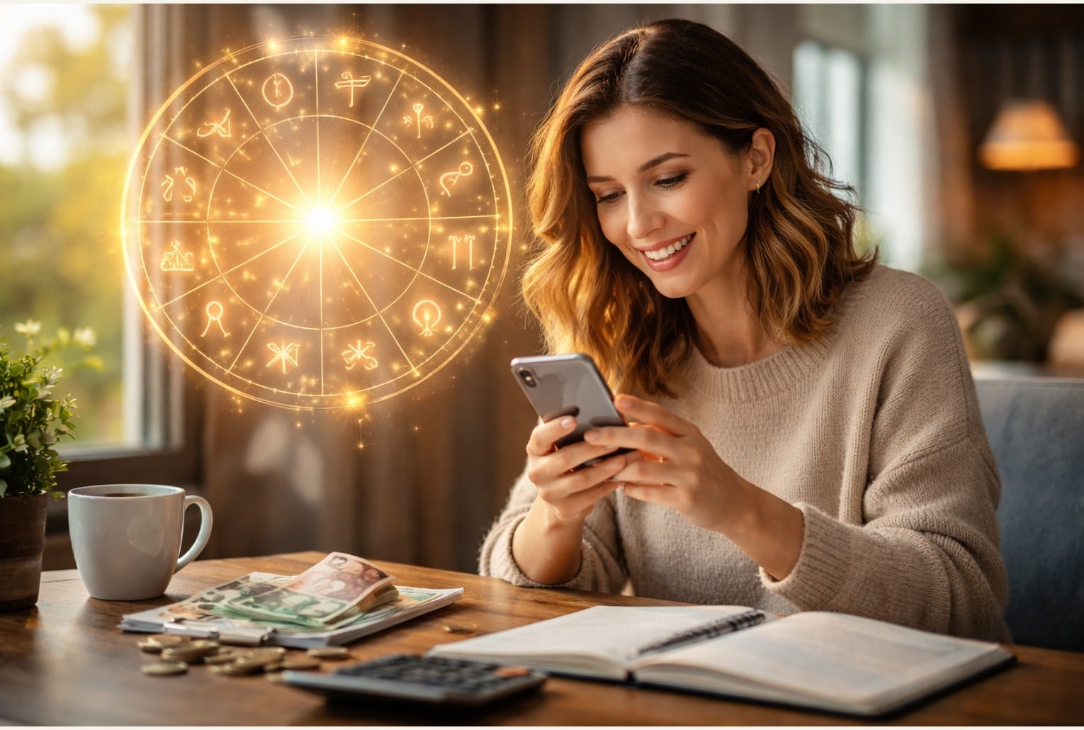 Femme souriante consultant son téléphone, avec une roue du zodiaque en arrière-plan et quelques billets sur la table.