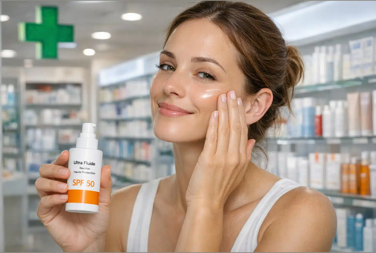 Une femme applique un fluide SPF 50 anti-âge en pharmacie, pour protéger la peau des UV au quotidien.