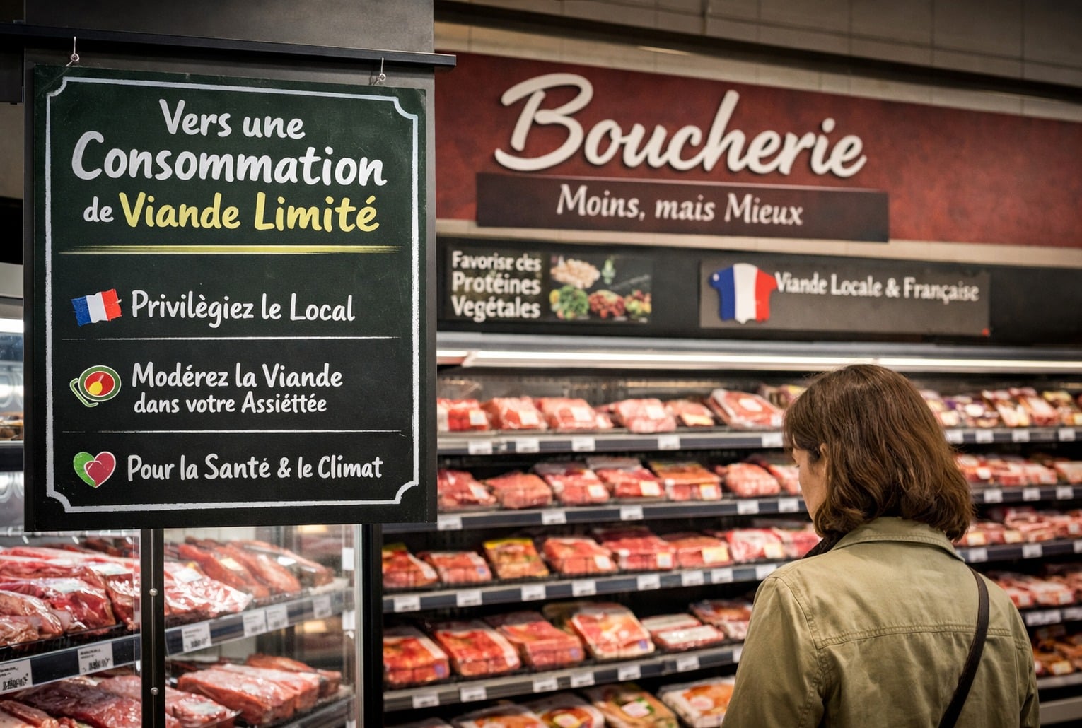 Rayon boucherie dans un supermarché en France, avec une ardoise appelant à limiter la consommation de viande pour la santé et le climat.