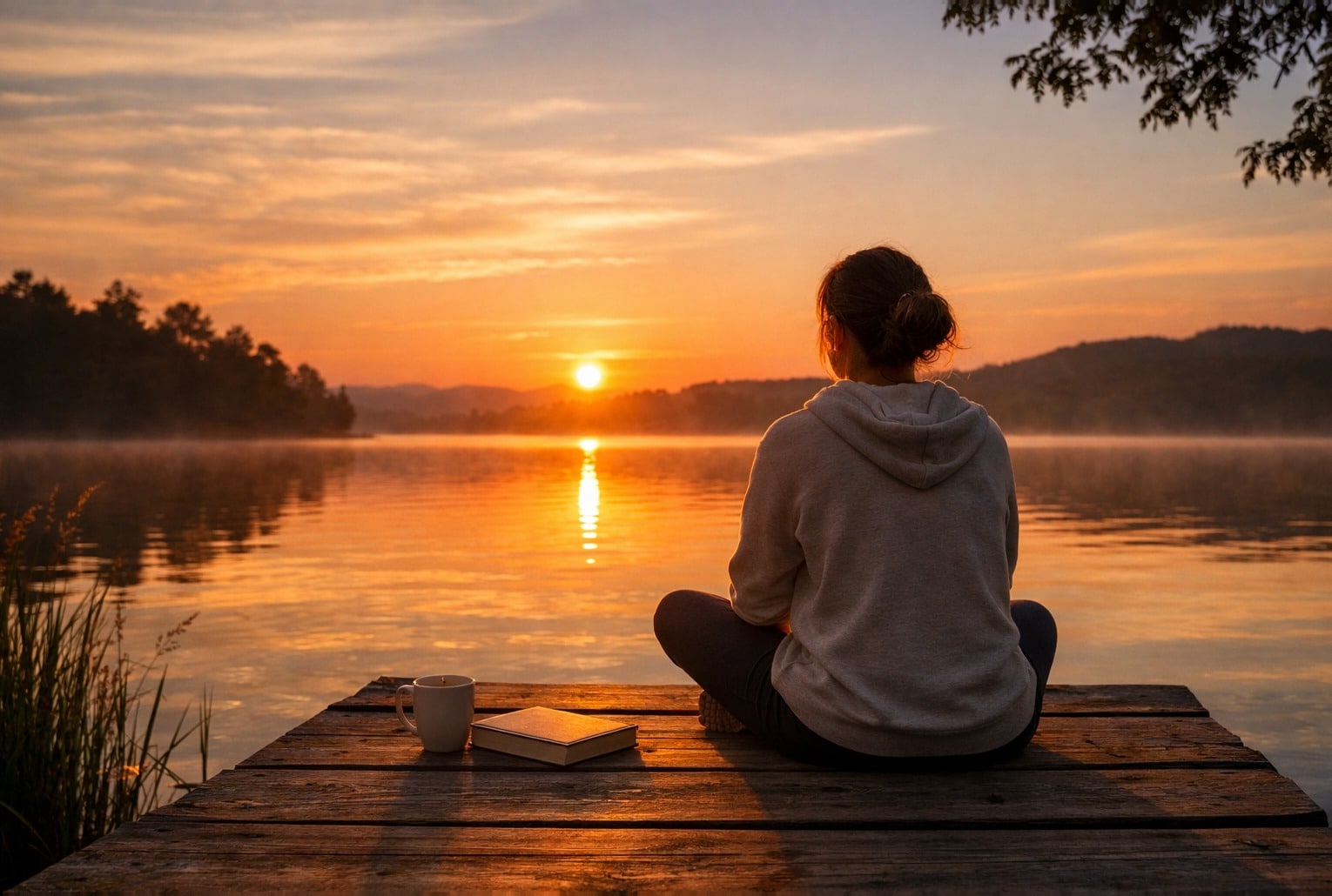 Temps pour soi au coucher du soleil : une femme assise sur un ponton face à un lac calme