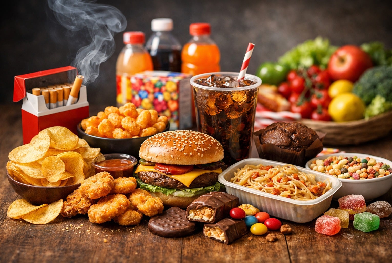 Aliments ultra-transformés (chips, nuggets, burger, soda) au premier plan, avec un paquet de cigarettes fumant et des fruits flous en arrière-plan.