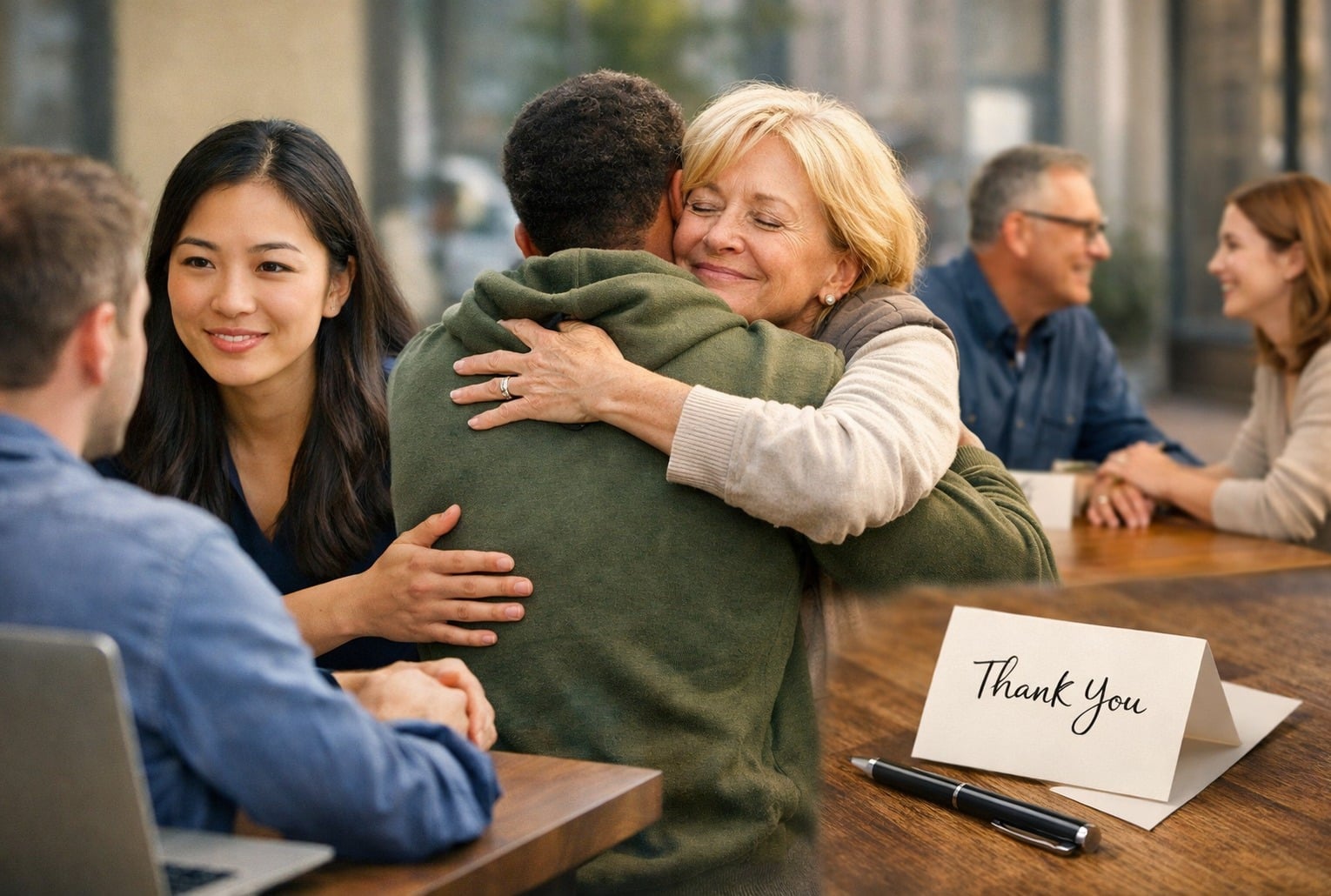 Scènes de soutien et de gratitude entre proches, illustrant les phrases d’un “vrai gentil”.