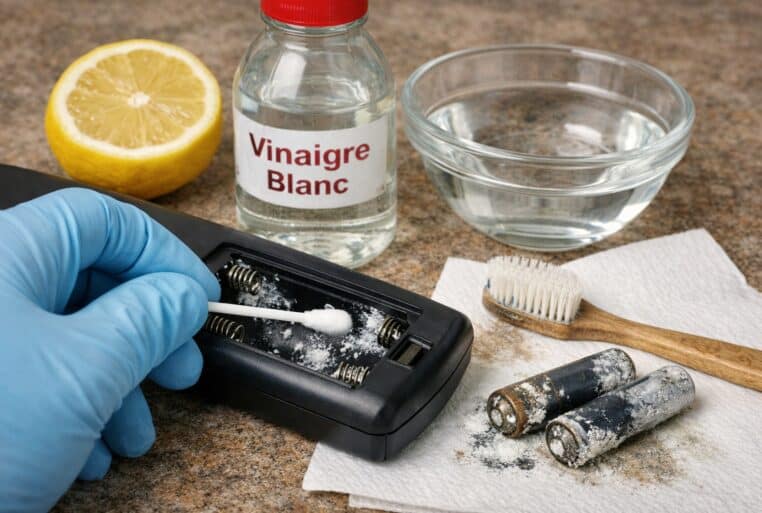 Nettoyage d’une télécommande après une pile qui a coulé, avec du vinaigre blanc et un coton-tige.