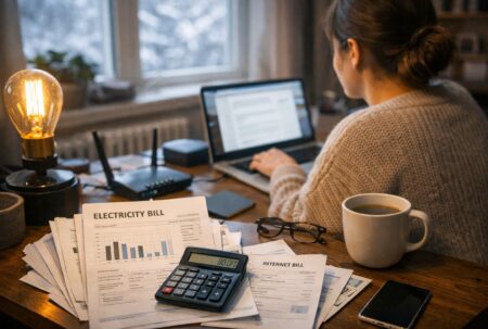 Allocation forfaitaire de télétravail : une salariée travaille sur son ordinateur à domicile, avec des factures d’électricité et d’internet sur le bureau.