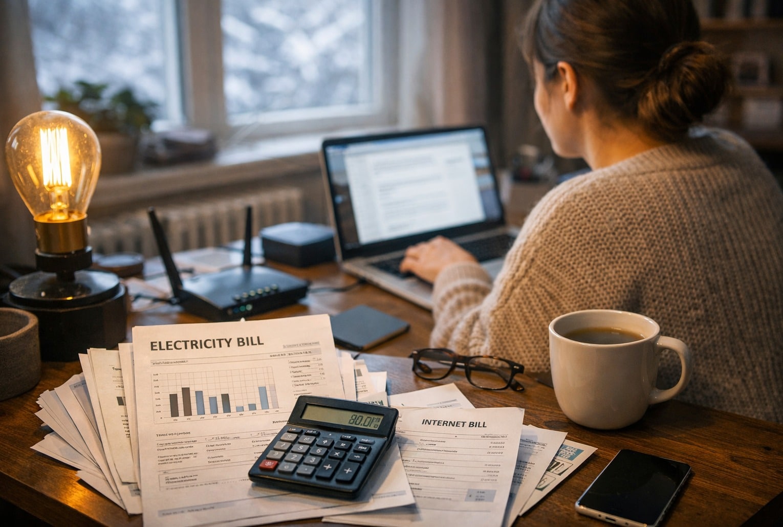Allocation forfaitaire de télétravail : une salariée travaille sur son ordinateur à domicile, avec des factures d’électricité et d’internet sur le bureau.