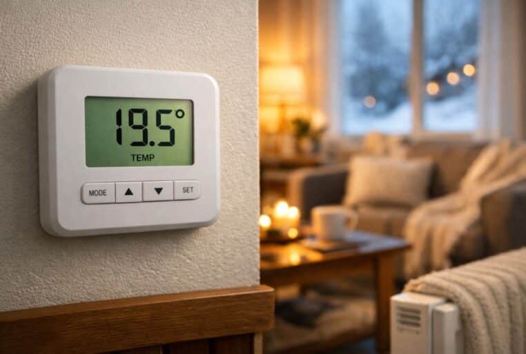 Thermostat affichant 19,5°C dans un salon en hiver, température intérieure recommandée
