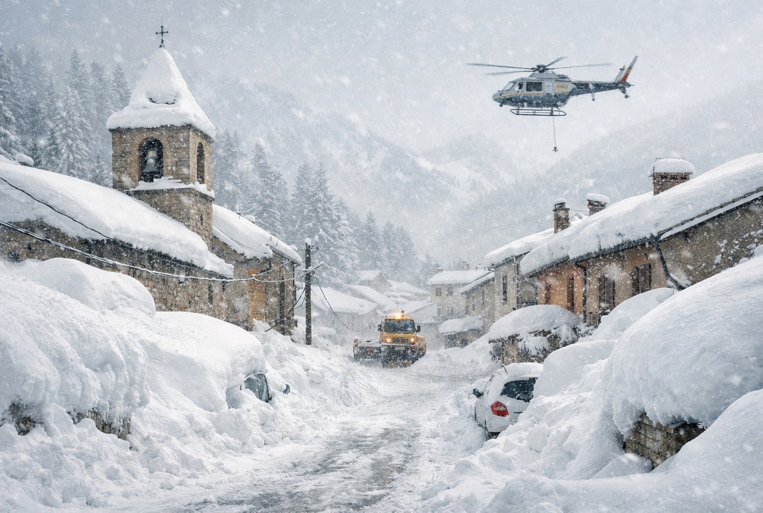 Tempête de neige Pyrénées-Orientales : un village enseveli, déneigeuse en action et hélicoptère de secours