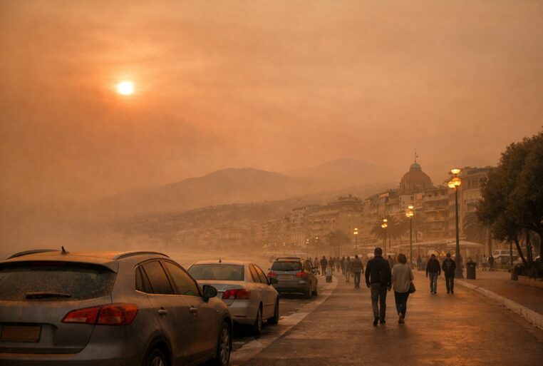 Tempête de sable du Sahara : ciel orangé et brume de poussières sur la Promenade des Anglais à Nice.