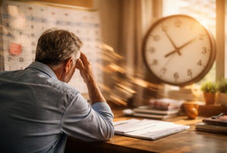 Homme d’une soixantaine d’années à son bureau, regardant un calendrier flou tandis qu’une grande horloge suggère le temps qui passe plus vite avec l’âge.
