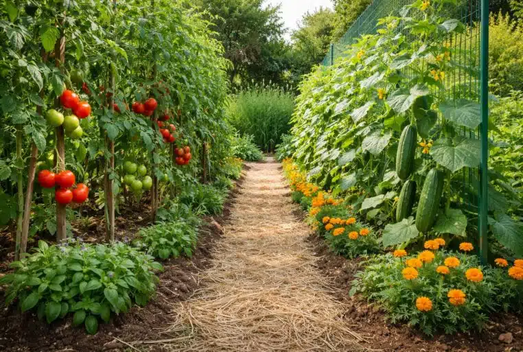 Tomates et concombres séparés au potager par une allée, avec basilic et œillets d’Inde en bordure.