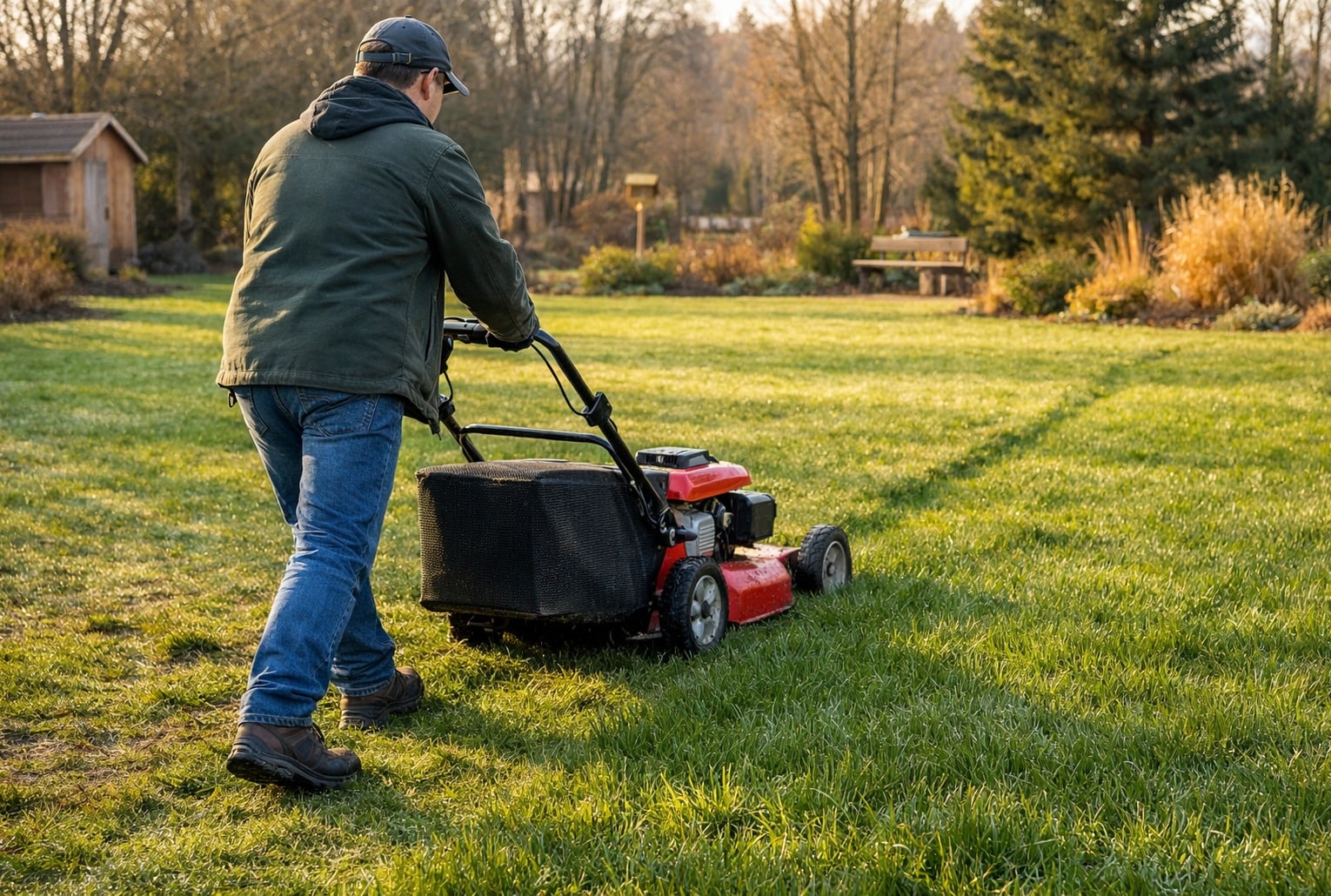 Tonte de redoux : un jardinier tond la pelouse en fin d’hiver avec une coupe haute autour de 5–6 cm.