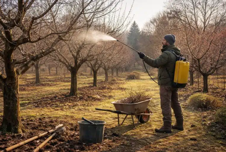 Traitement d’hiver des arbres fruitiers : un jardinier pulvérise une huile de dormance sur des arbres nus en février.