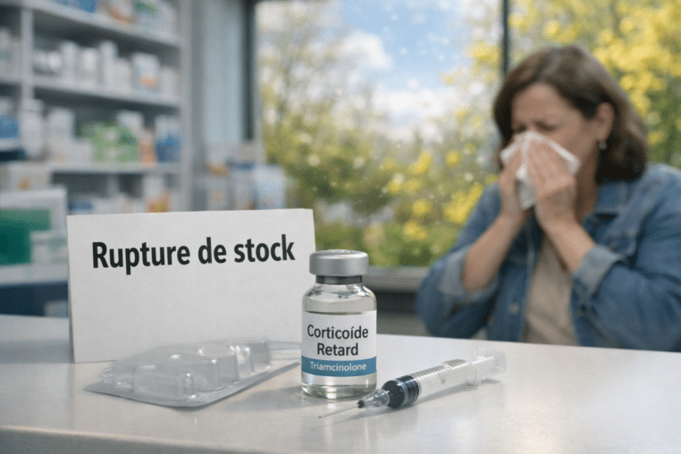 Rupture de stock d’un corticoïde retard contre les allergies en pharmacie, avec une patiente en arrière-plan au printemps