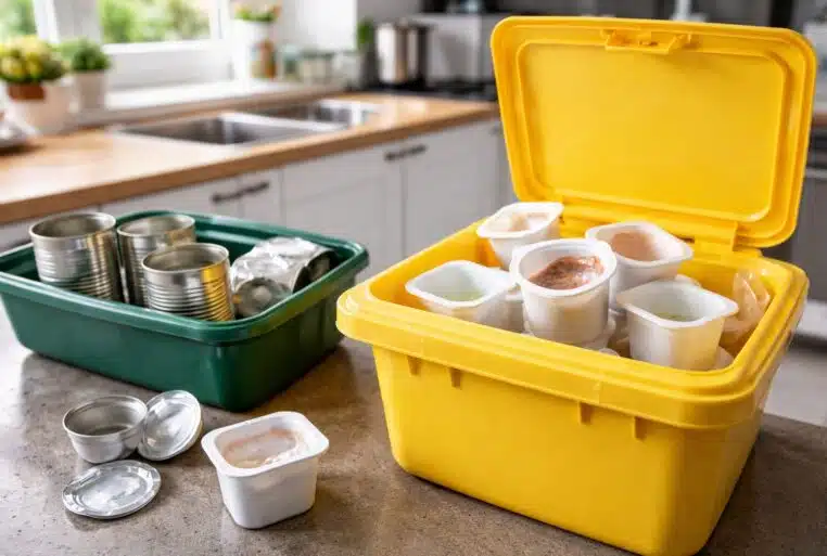 Poubelle jaune avec pots de yaourt séparés des boîtes de conserve sur un plan de travail de cuisine.