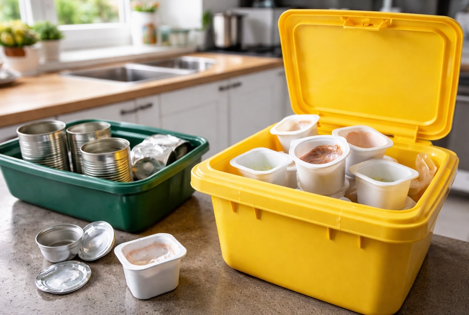 Poubelle jaune avec pots de yaourt séparés des boîtes de conserve sur un plan de travail de cuisine.