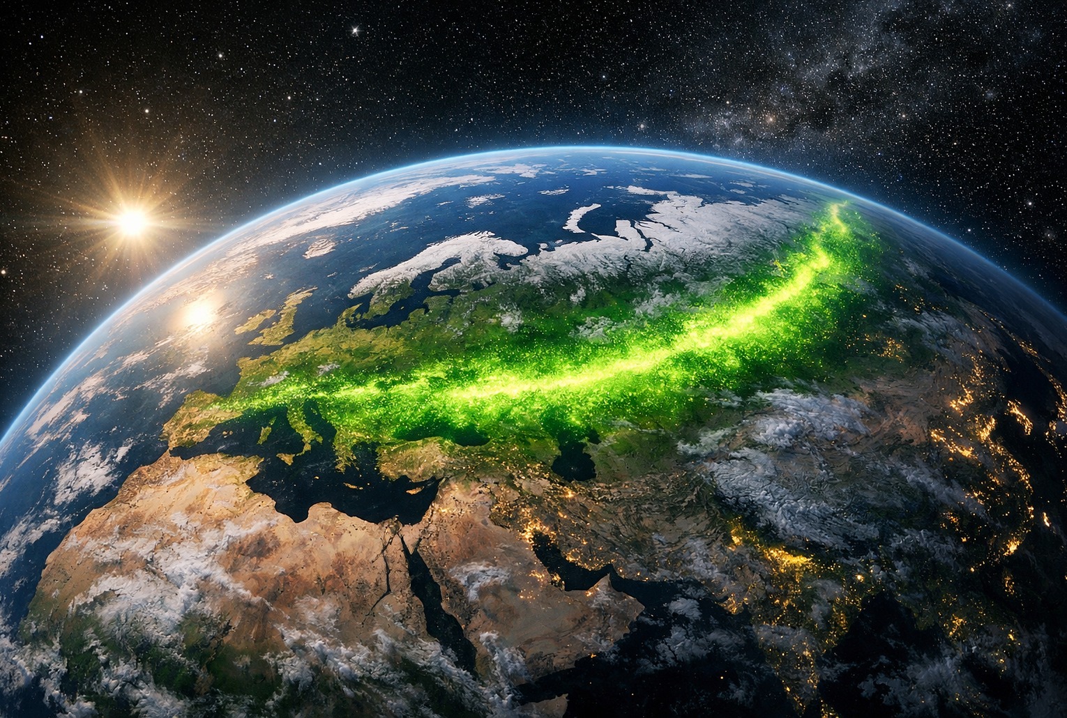 Vue de la Terre depuis l’espace illustrant la vague verte qui progresse vers le nord et l’est, de l’Europe à l’Asie.