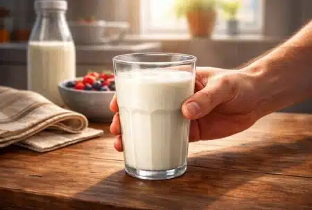 Consommation de lait : une main saisit un verre de lait posé sur une table en bois.