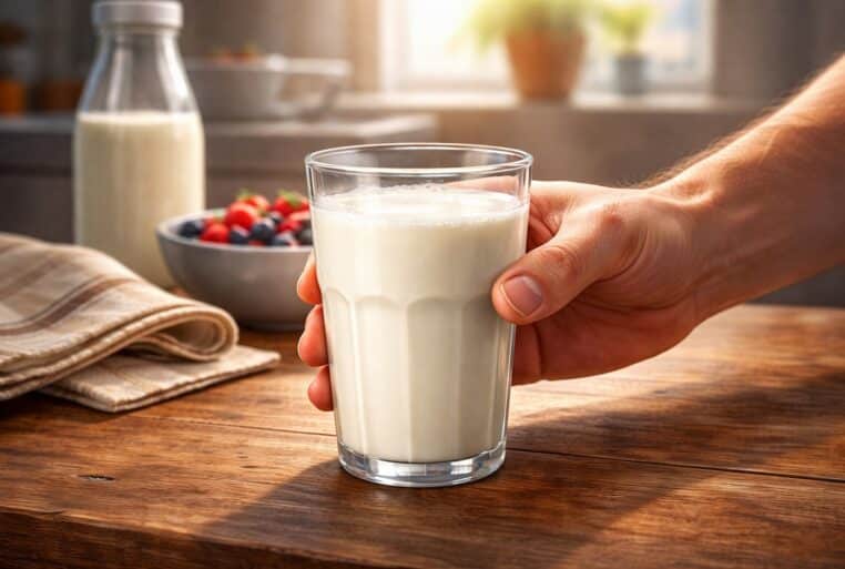 Consommation de lait : une main saisit un verre de lait posé sur une table en bois.