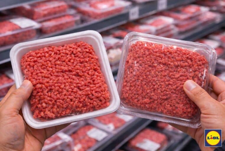Gros plan sobre de deux barquettes de viande hachée tenues en rayon, avec un petit logo Lidl discret en bas à droite.