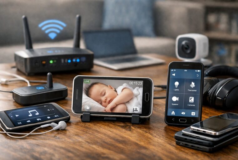 Réutiliser son vieux smartphone : hotspot Wi-Fi, babyphone, télécommande domotique et lecteur de musique sur une table.