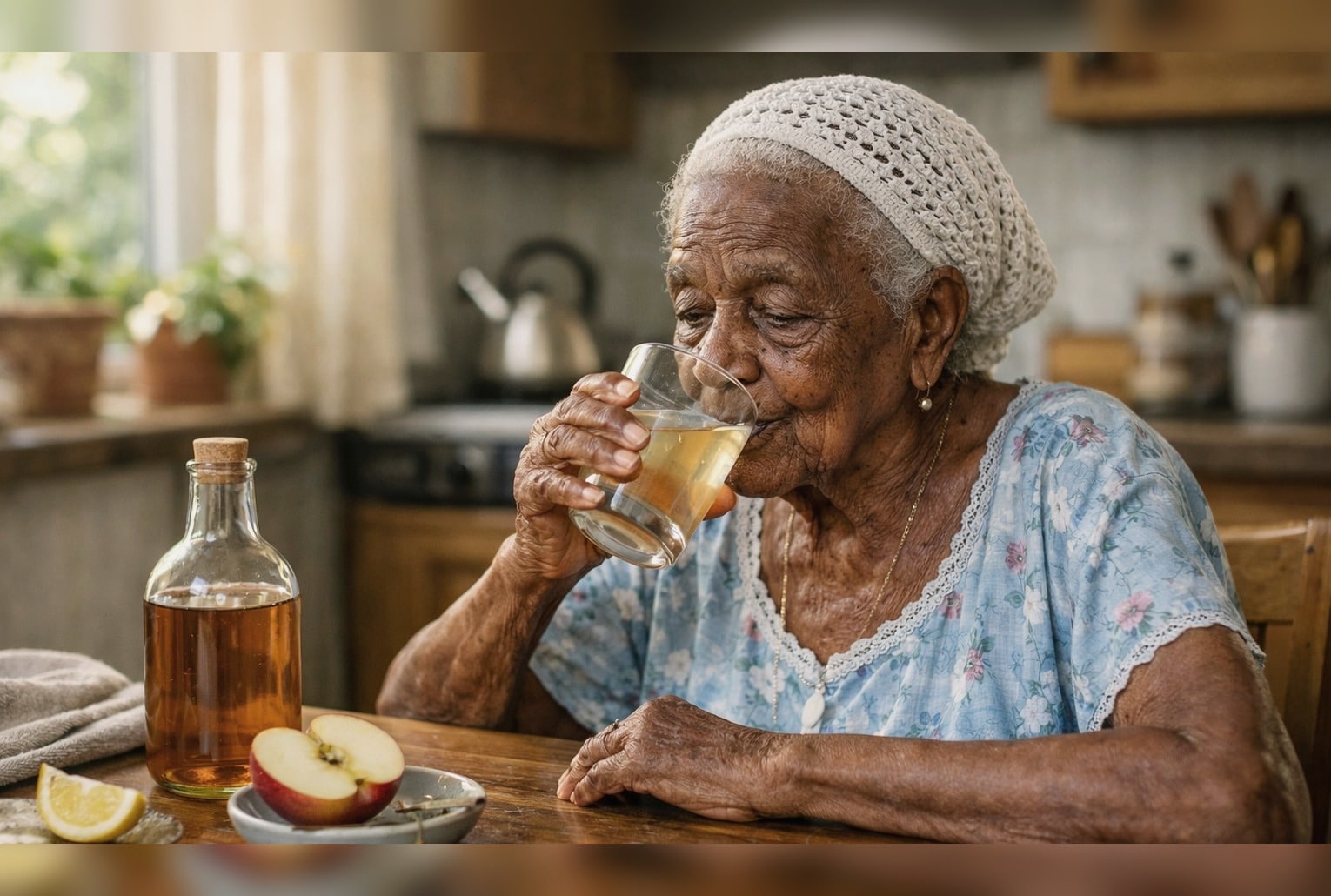 Image d’illustration : femme âgée buvant un verre d’eau tiède au vinaigre de cidre dans une cuisine, au petit matin.