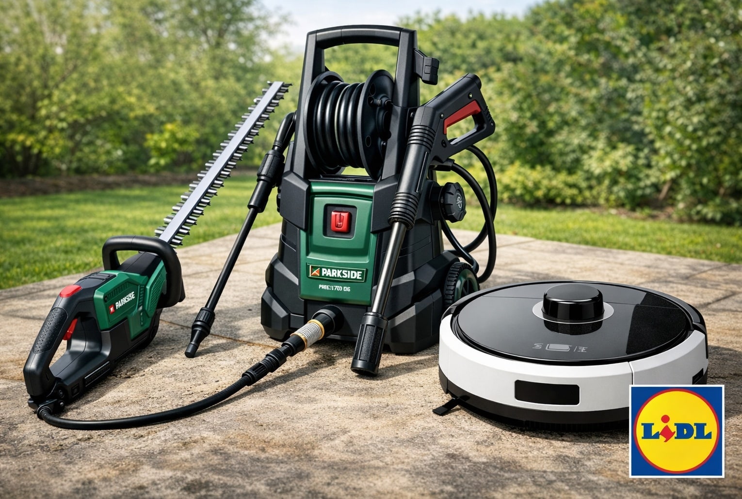 Visuel du catalogue Lidl mars 2026 : taille-haies sans fil Parkside, nettoyeur haute pression Parkside PHD 170 D2 et aspirateur robot Silvercrest, avec logo Lidl en bas à droite.