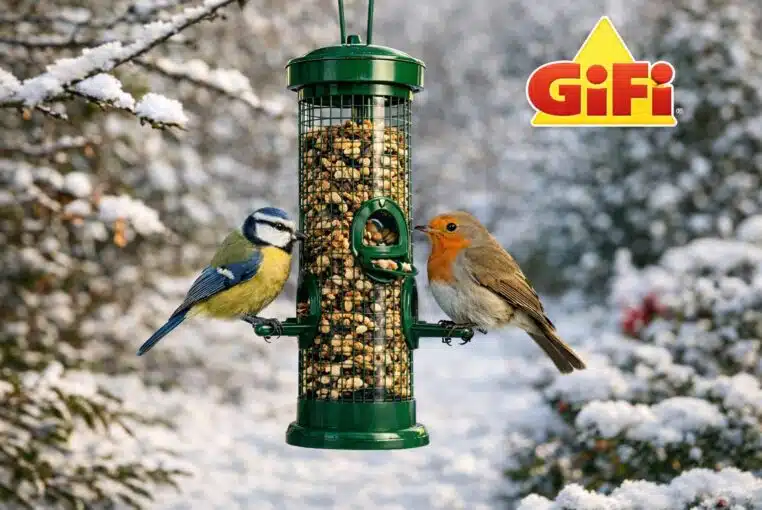 Dans un jardin enneigé, la mangeoire tubulaire GiFi attire mésange et rouge-gorge, idéale pour nourrir les oiseaux en hiver.