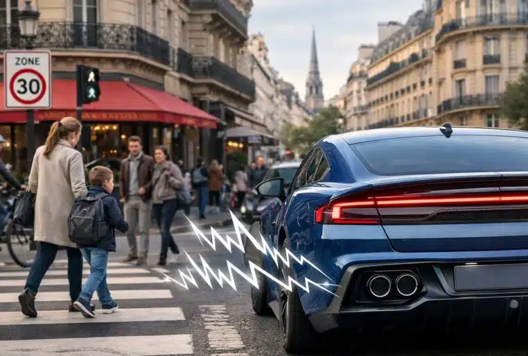 Voiture électrique sportive diffusant un bruit moteur artificiel via des haut-parleurs extérieurs dans une rue européenne, près d’un passage piéton.