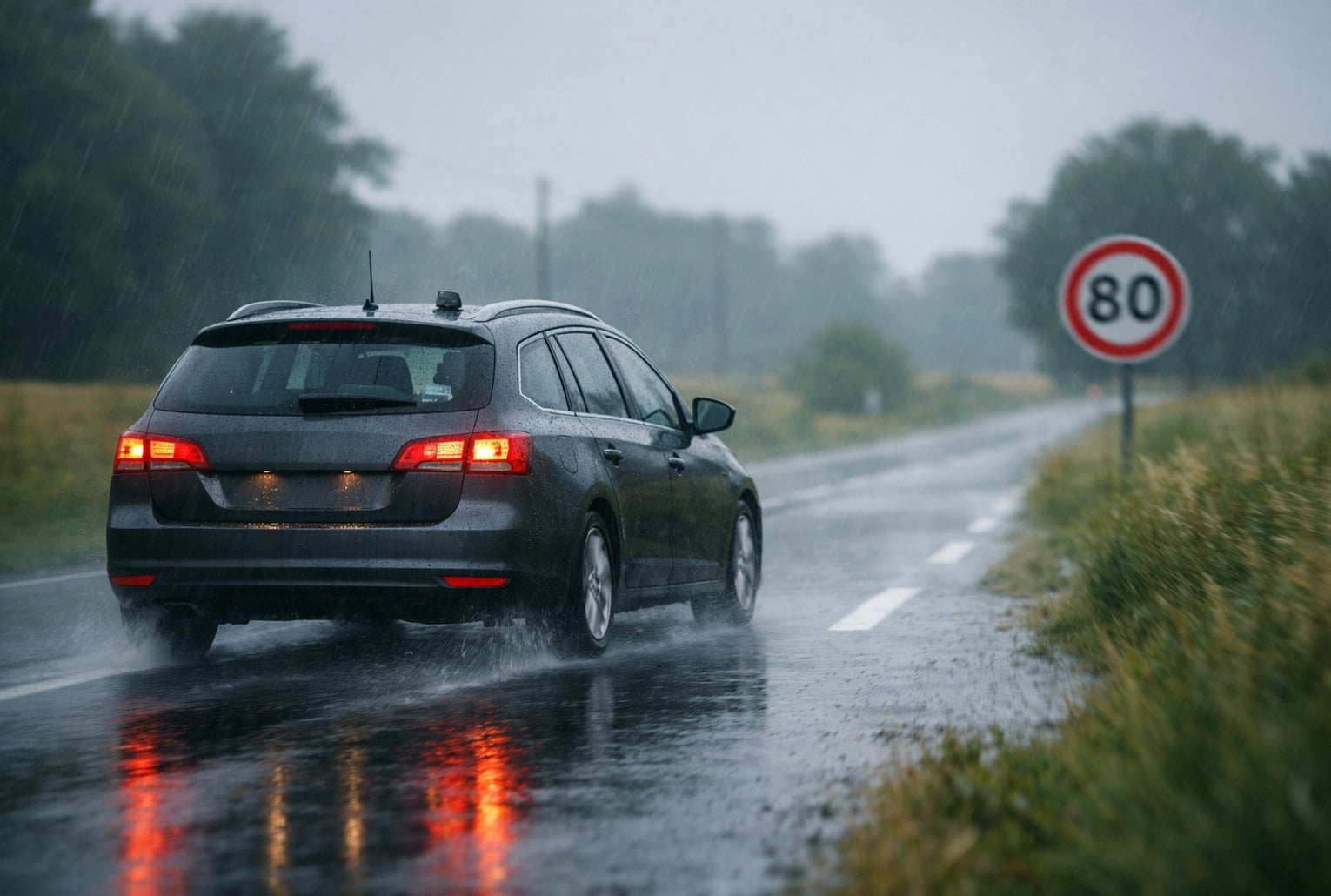 Voitures radars : une voiture banalisée roule sur une route départementale sous la pluie, près d’un panneau 80 km/h.