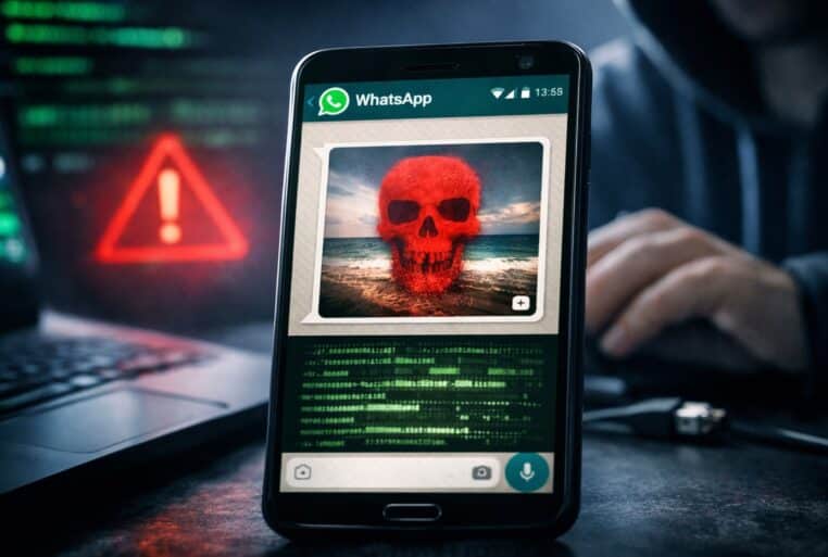 Smartphone affichant WhatsApp avec une photo suspecte, symbole d’alerte et code en arrière-plan, illustrant une photo WhatsApp malveillante.